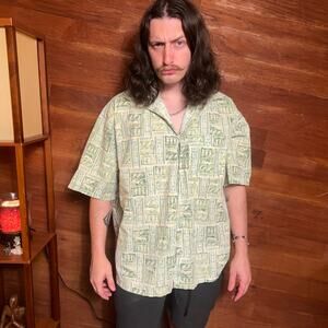 VINTAGE 90s J Crew Oarsman Hawaiian Shirt Size XL Geometric Loungewear Retro